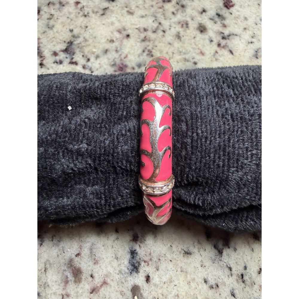 Pink Enamel Hinged‎ Bangle Bracelet Gold Tone Rhinestone Accent